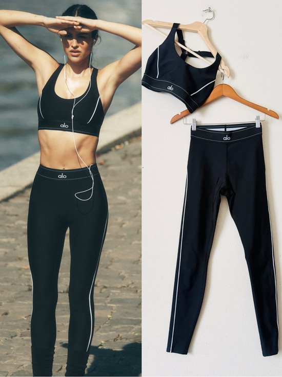 ALO Yoga Pants - Alo yoga MEDIUM/SMALL Airlift Suit Up black white piping leggings sports bra set